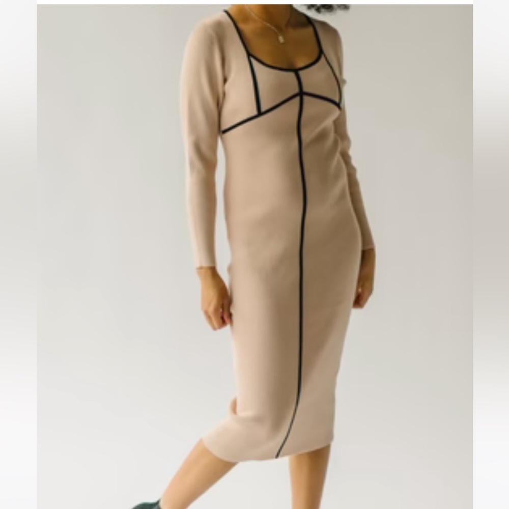 The Ortega Ribbed Midi Sweater Dress in Sand